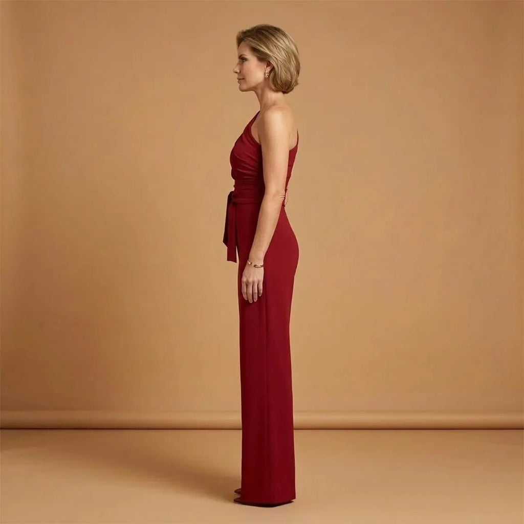 Wide Leg Women Jumpsuit One Shoulder Asymmetric Tie Waist – Qeva
