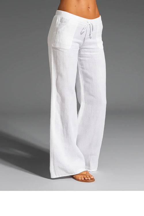Wide-leg linen trousers in white with drawstring waist – ELEGENZE