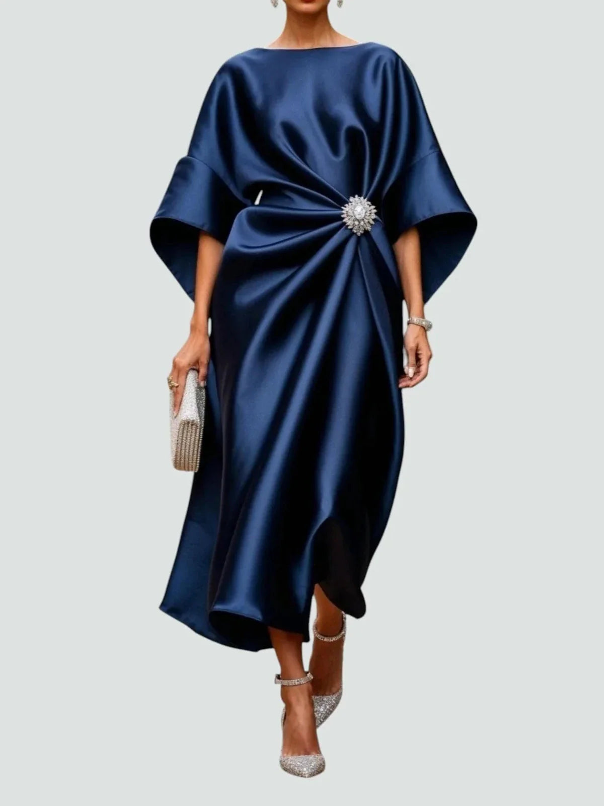Brooch-detail satin kimono sleeve midi dress in navy blue – ELEGENZE
