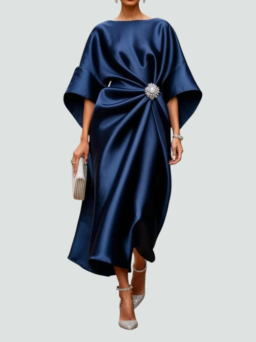 Brooch-detail satin kimono sleeve midi dress in navy blue – ELEGENZE