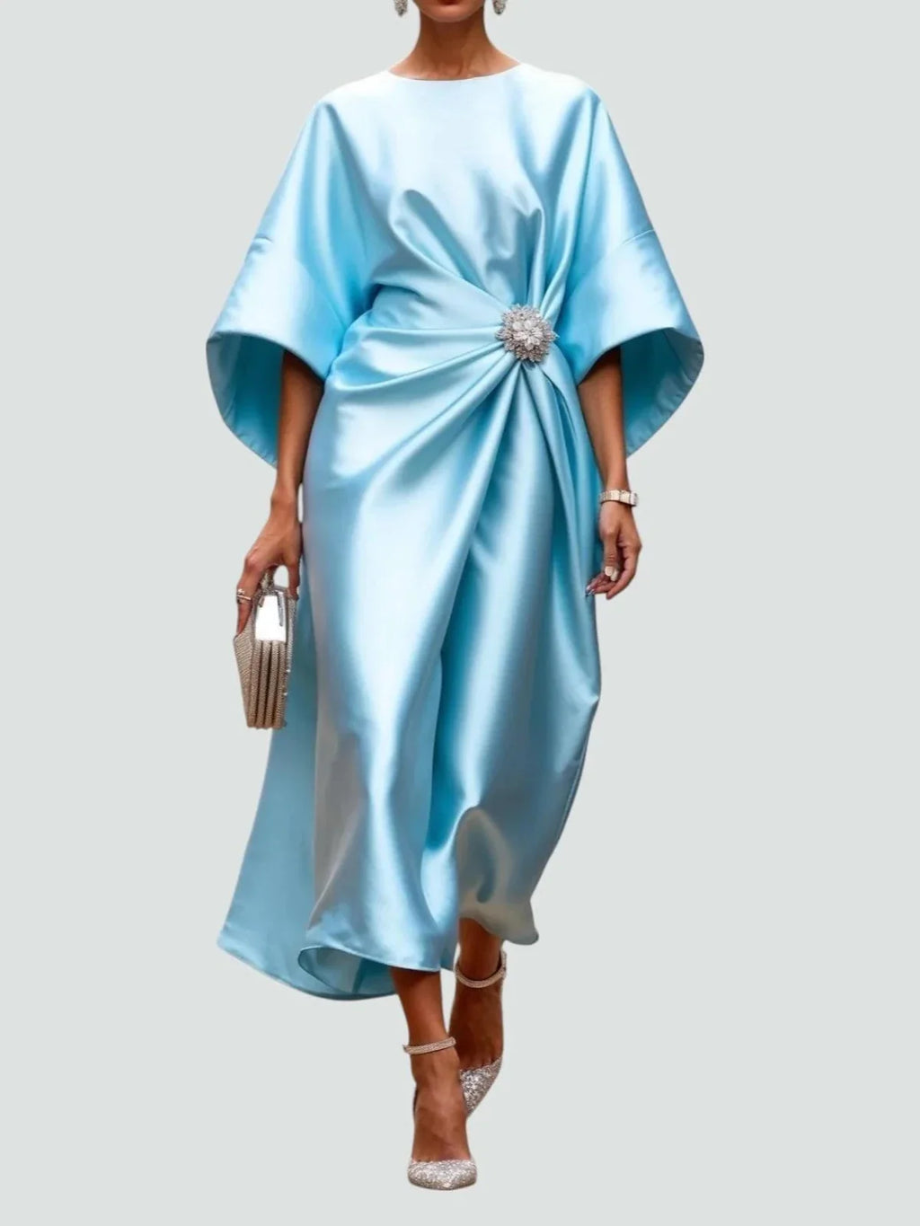 Winter Dresses Satin Kimono Sleeve Midi Brooch Detail – Uva