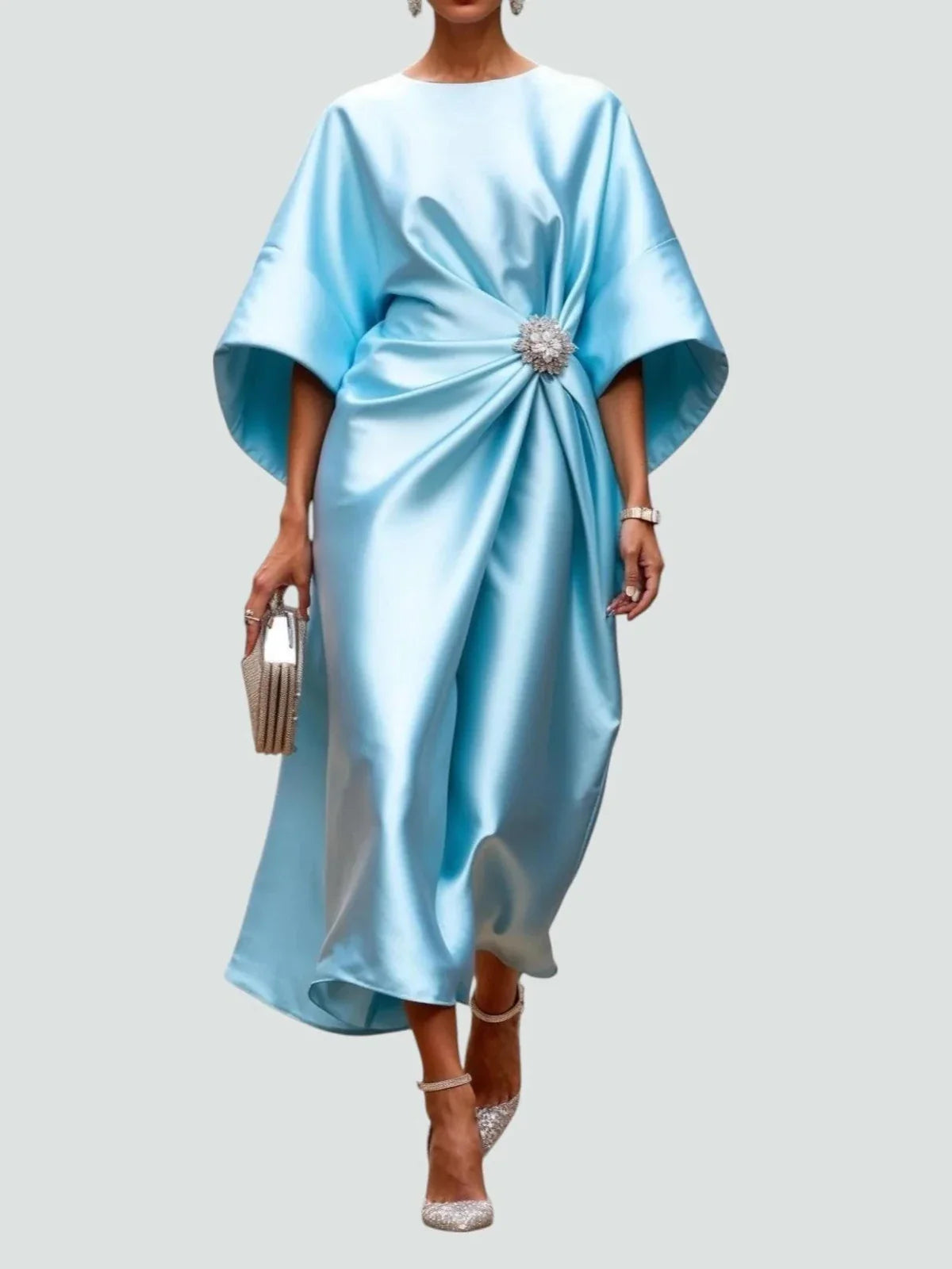Winter Dresses Satin Kimono Sleeve Midi Brooch Detail – Uva