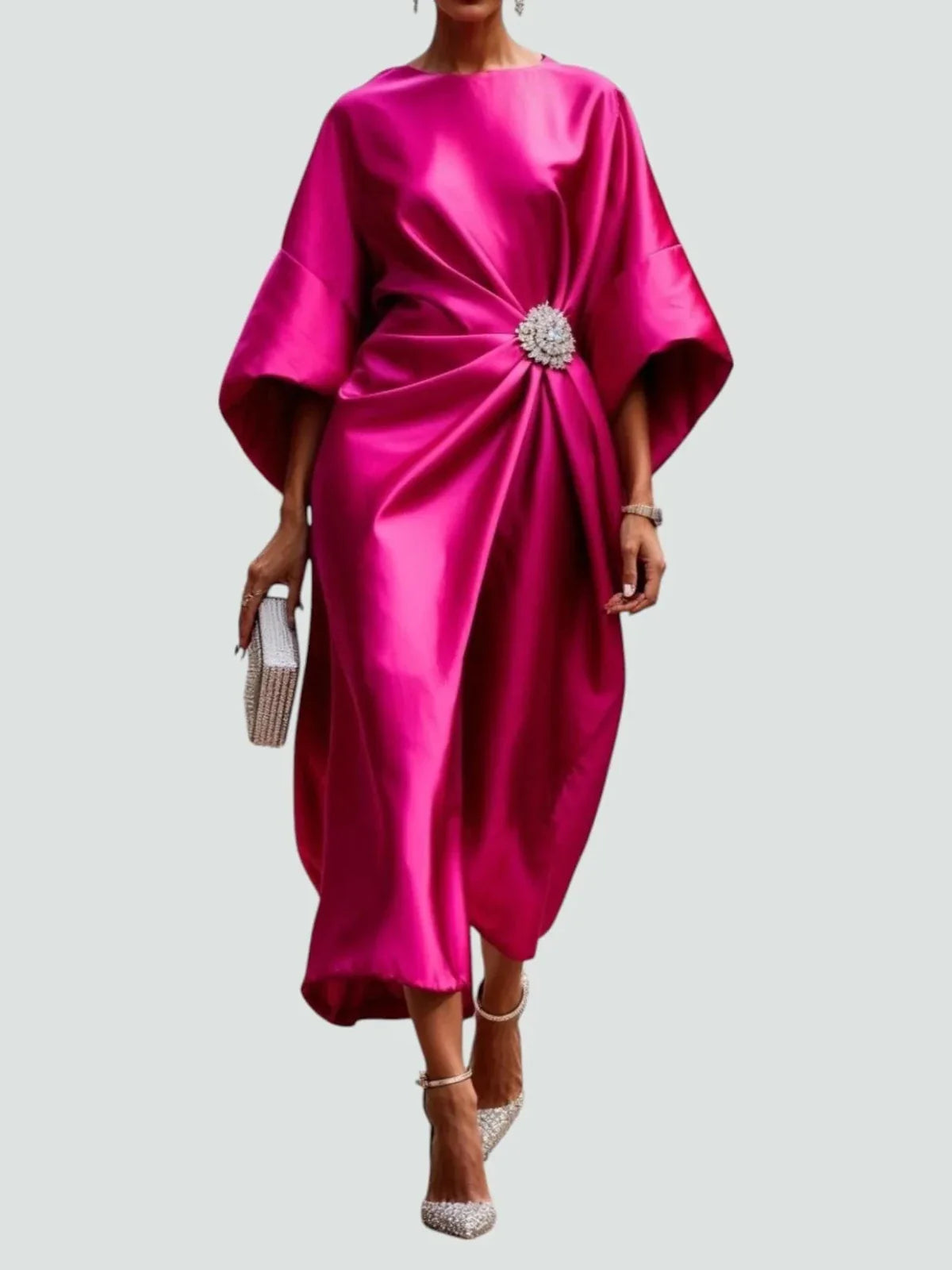 Winter Dresses Satin Kimono Sleeve Midi Brooch Detail – Uva