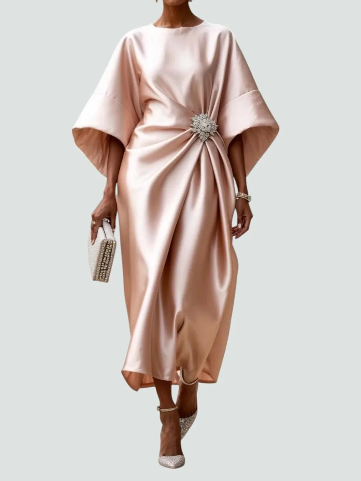 Winter Dresses Satin Kimono Sleeve Midi Brooch Detail – Uva