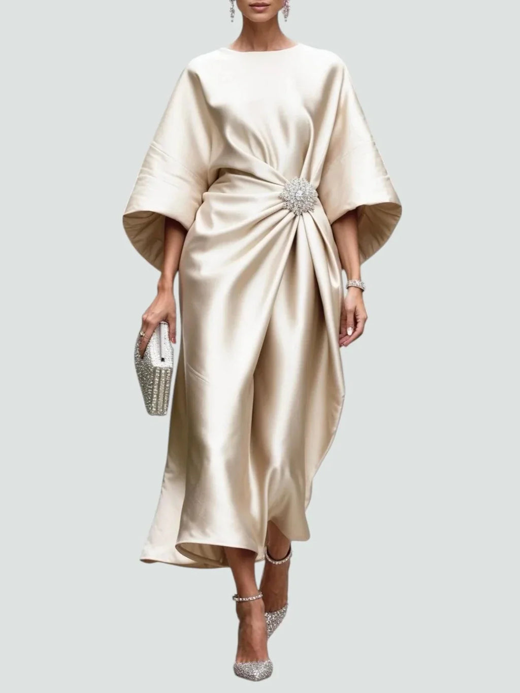 Winter Dresses Satin Kimono Sleeve Midi Brooch Detail – Uva