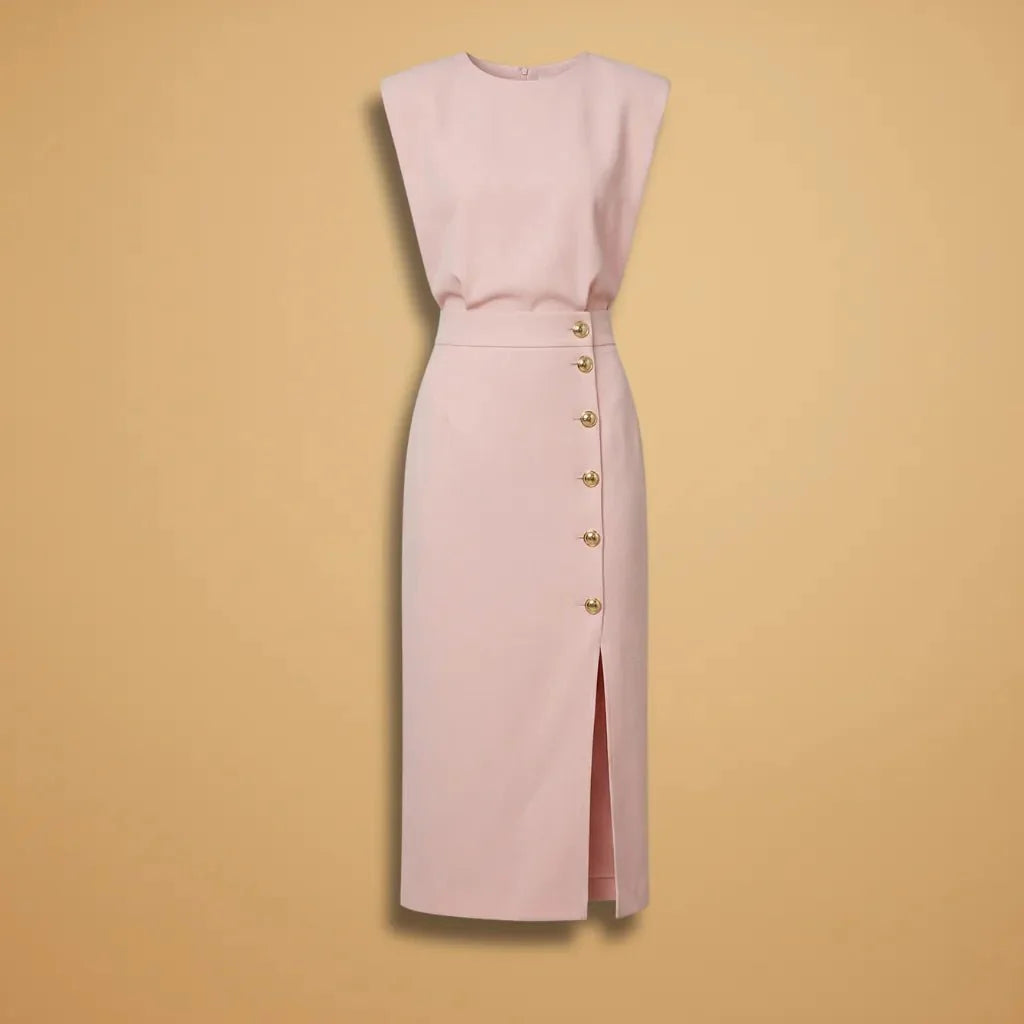Flat lay of sleeveless button-front midi dress in light pink – ELEGENZE