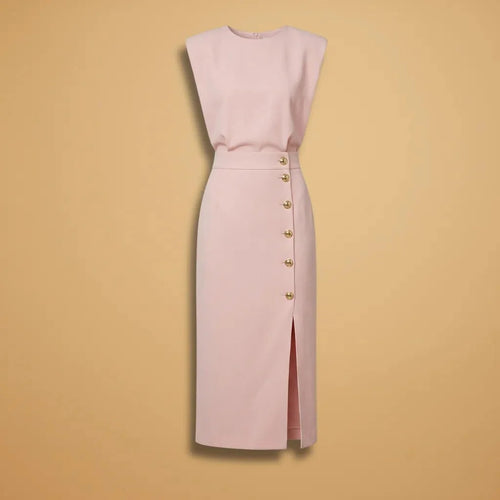 Flat lay of sleeveless button-front midi dress in light pink – ELEGENZE