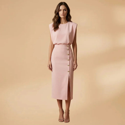 Model wearing sleeveless button-front midi dress in light pink – ELEGENZE
