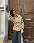 Stand collar cropped trench coat in beige with tie belt detail – ELEGENZE