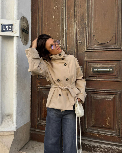 Stand collar cropped trench coat in beige with tie belt detail – ELEGENZE