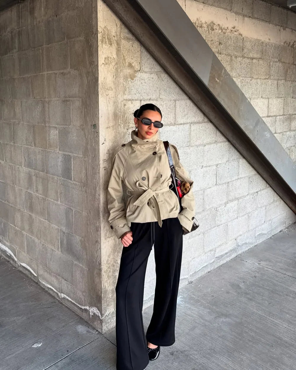 Women Coats Cropped Trench Stand Collar Tie Belt – Seva