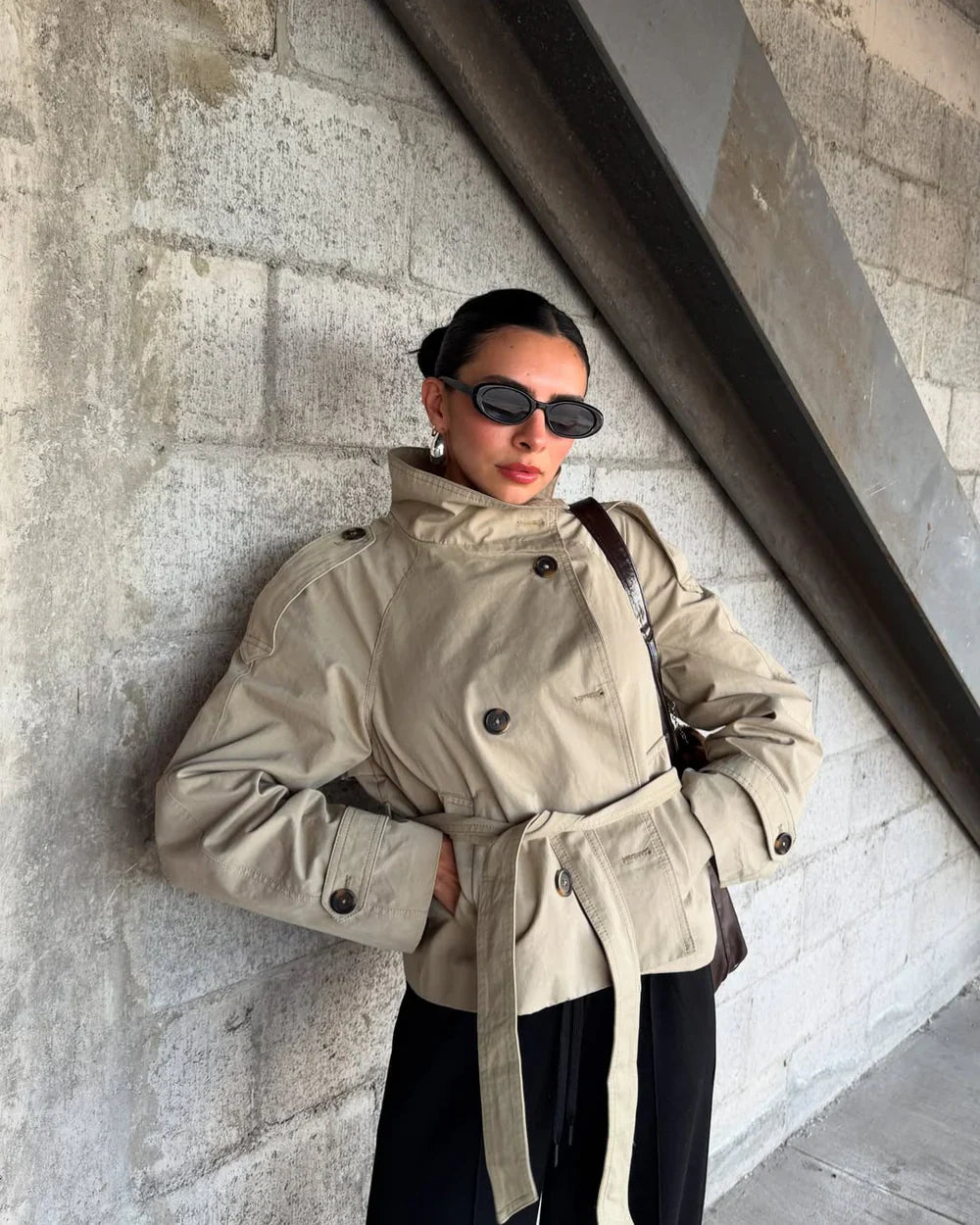 Women Coats Cropped Trench Stand Collar Tie Belt – Seva