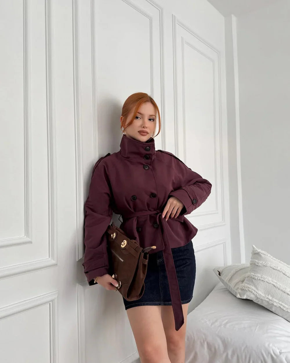 Women Coats Cropped Trench Stand Collar Tie Belt – Seva