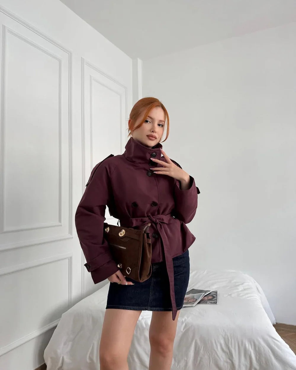 Women Coats Cropped Trench Stand Collar Tie Belt – Seva
