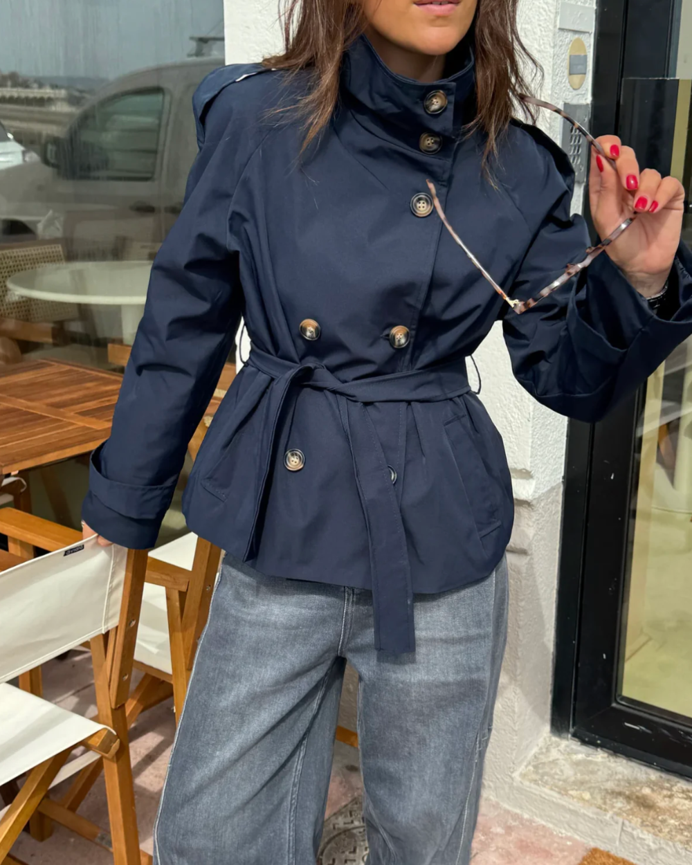 Women Coats Cropped Trench Stand Collar Tie Belt – Seva