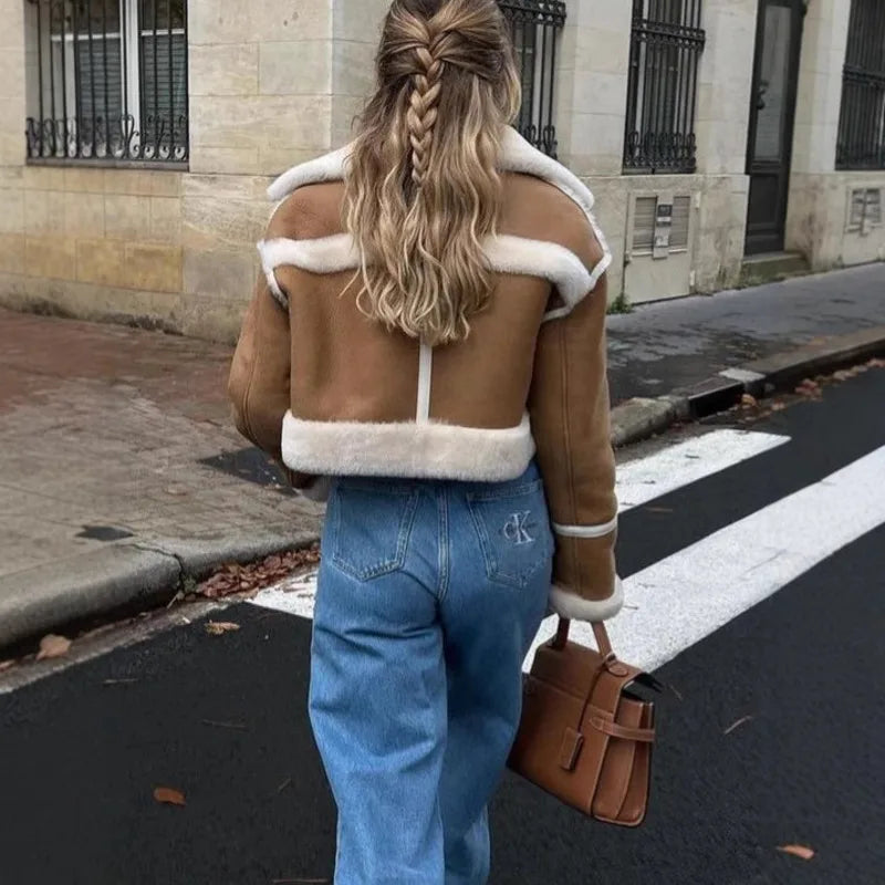 Women Coats Short Faux Shearling Trim Cropped Lapel Khaki – Keva