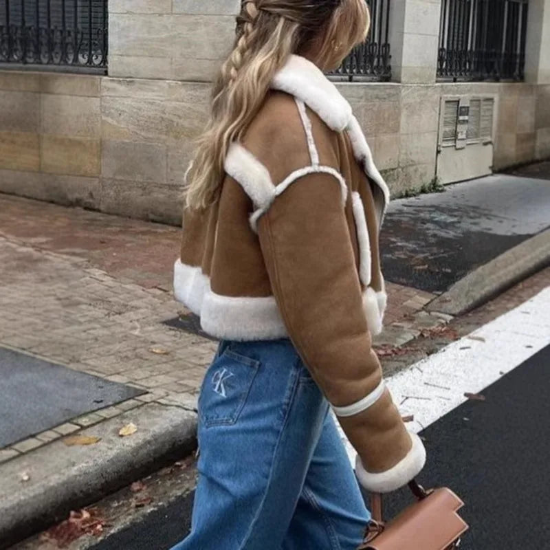 Women Coats Short Faux Shearling Trim Cropped Lapel Khaki – Keva