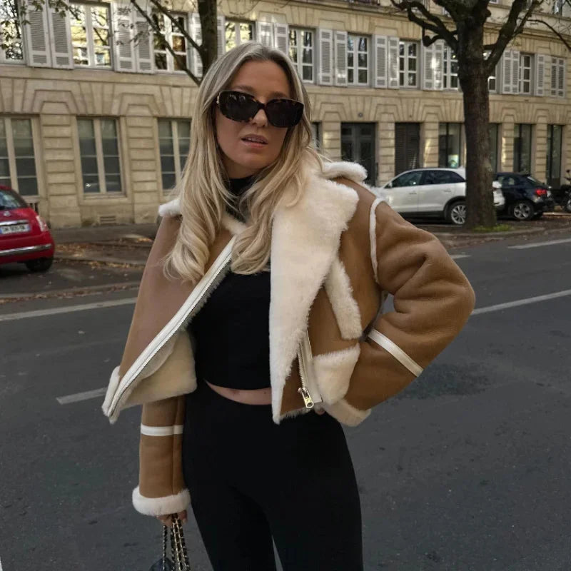 Women Coats Short Faux Shearling Trim Cropped Lapel Khaki – Keva