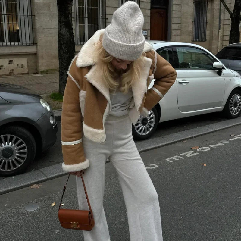 Women Coats Short Faux Shearling Trim Cropped Lapel Khaki – Keva