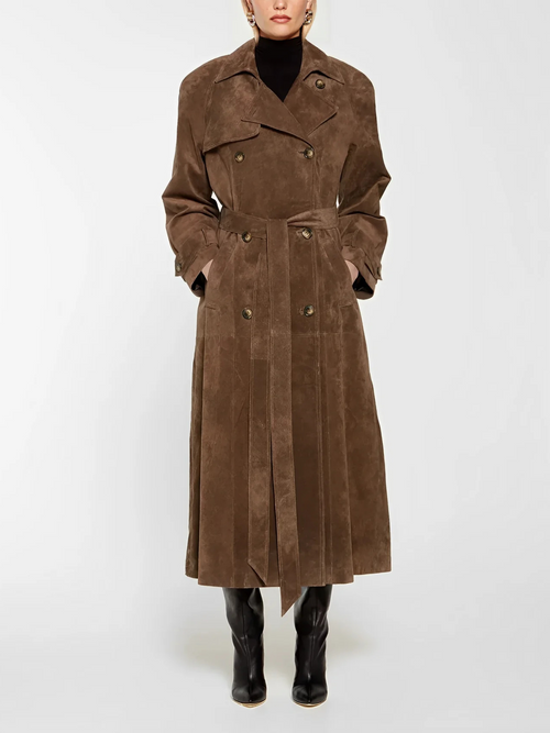 Longline faux suede trench coat in Brown with belted waist and double-breasted front – ELEGENZE