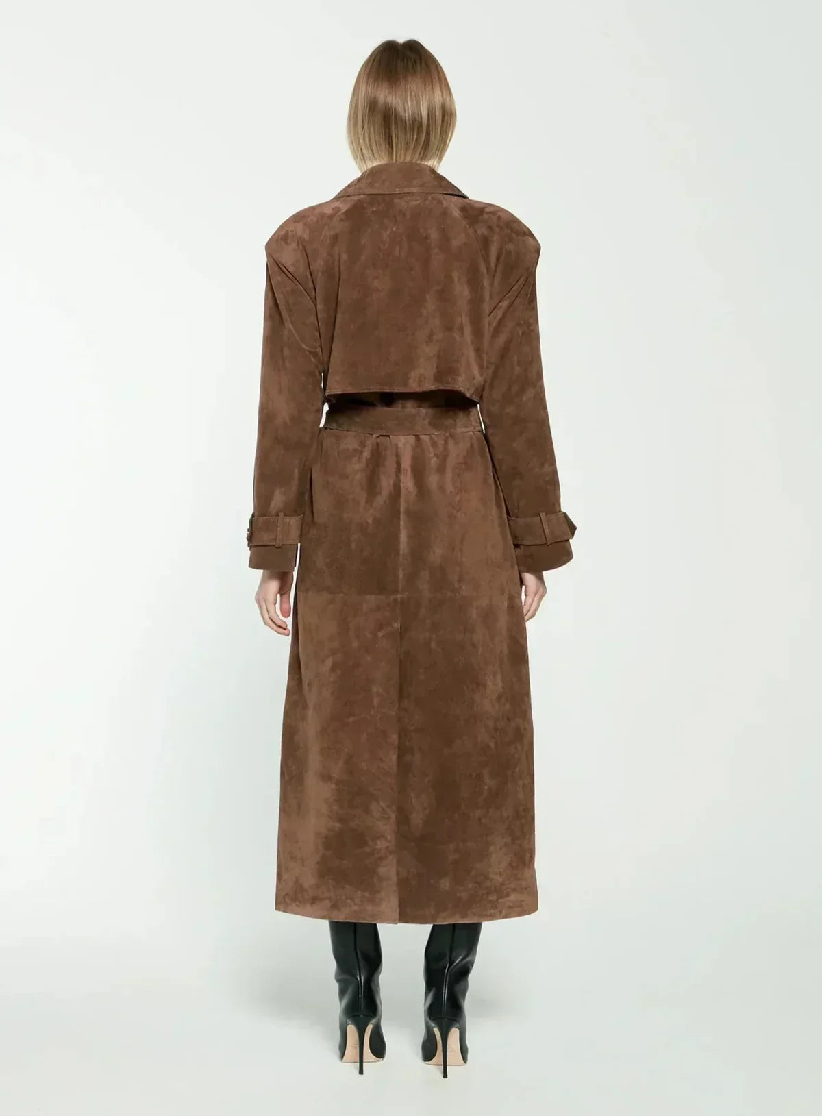 Model wearing Brown longline faux suede belted trench coat – ELEGENZE