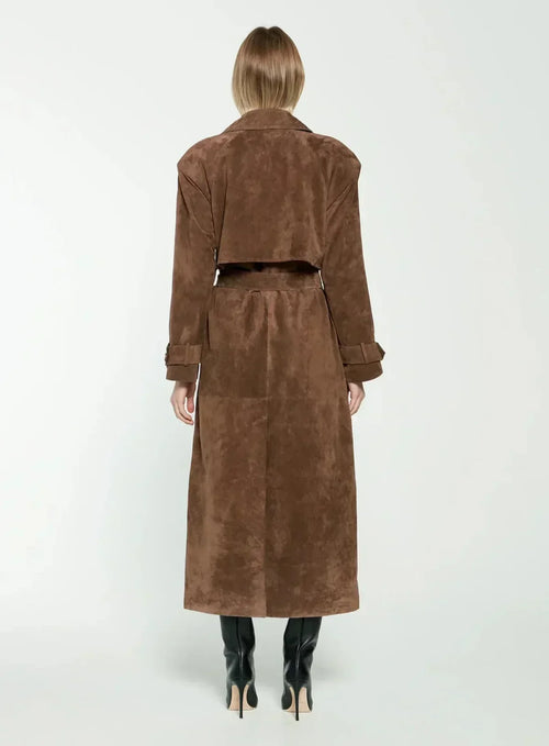 Model wearing Brown longline faux suede belted trench coat – ELEGENZE