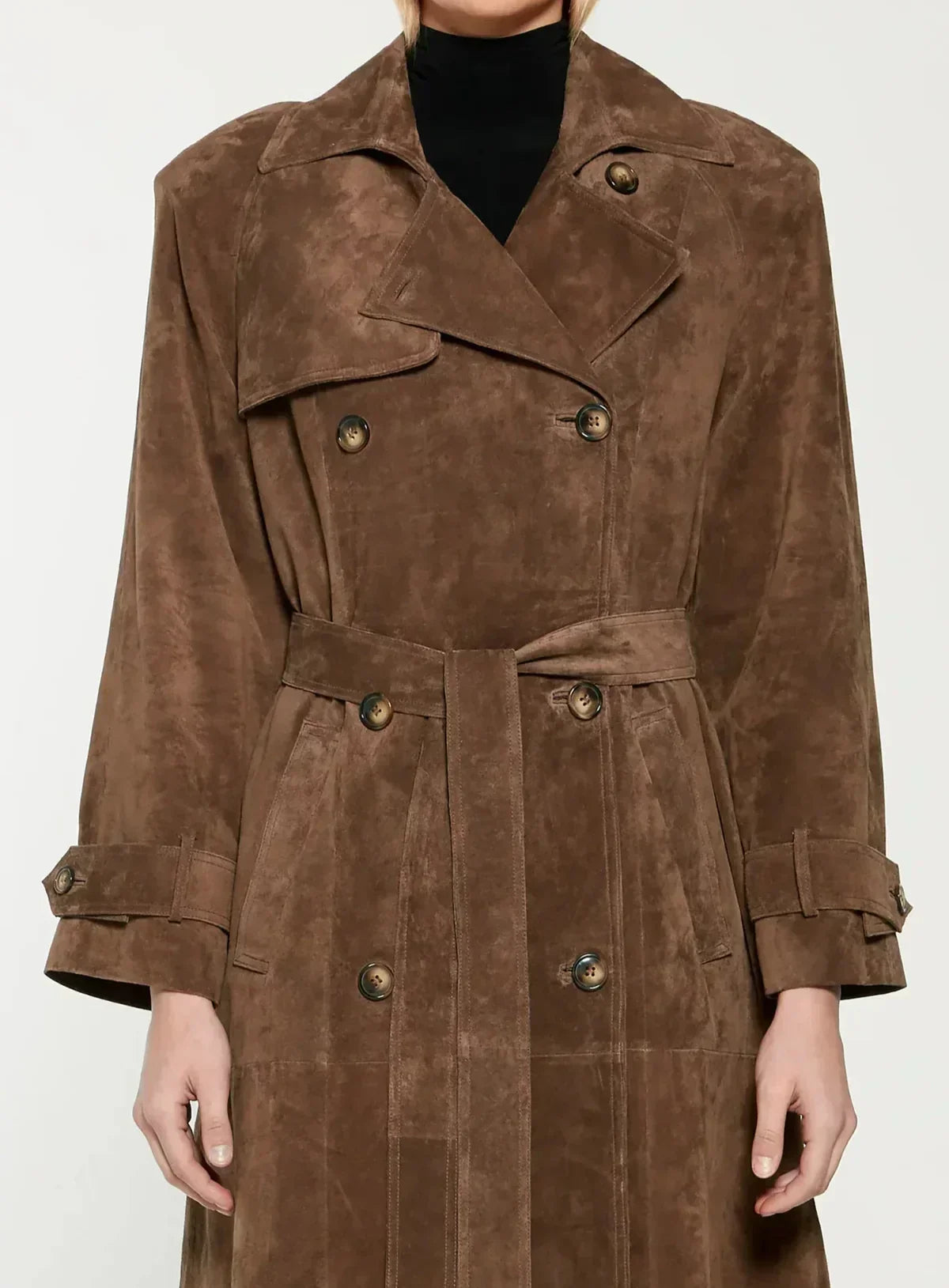 Women Coats Long Faux Suede Trench Belted Double-Breasted Brown – Hava