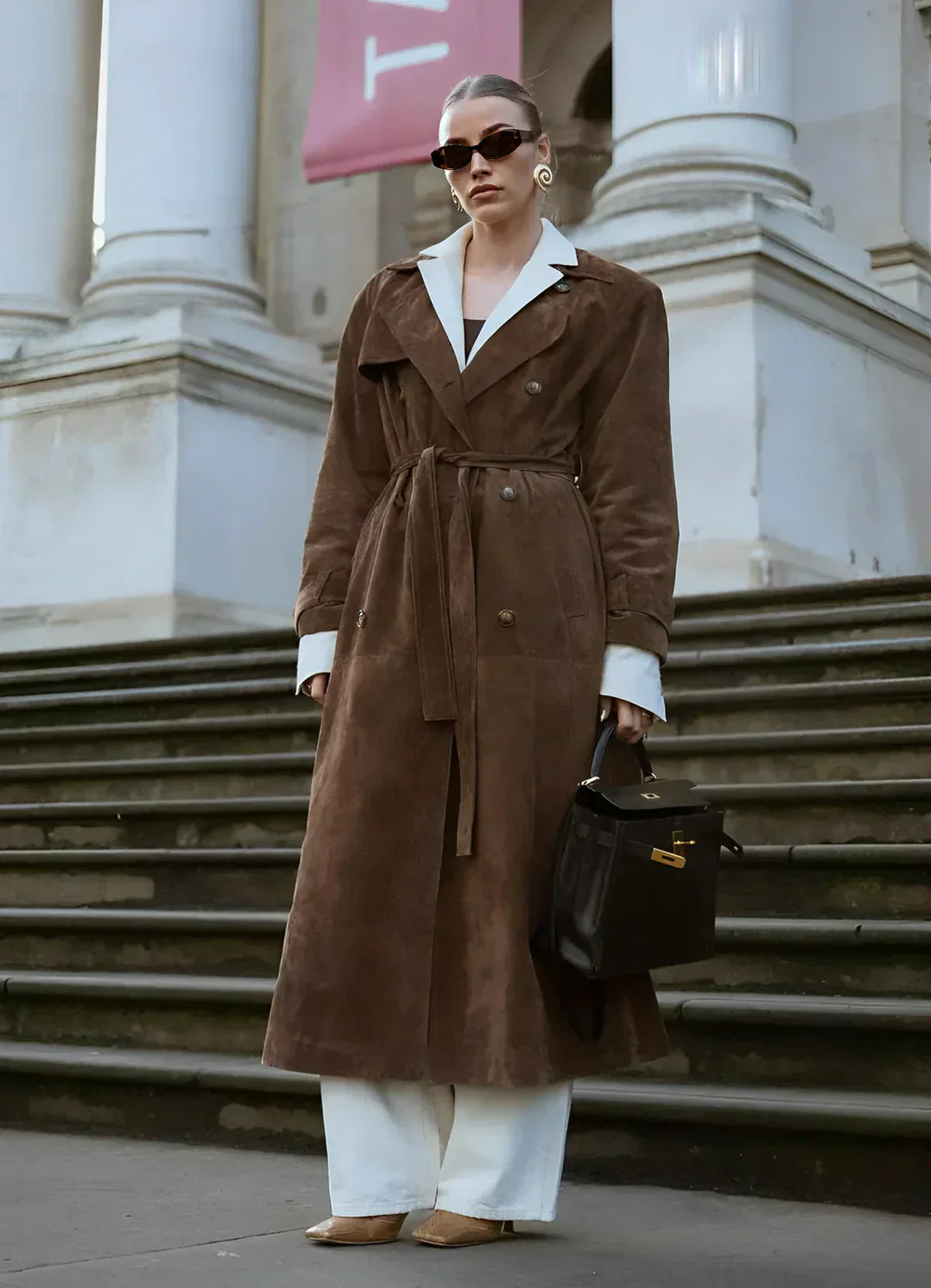 Women Coats Long Faux Suede Trench Belted Double-Breasted Brown – Hava