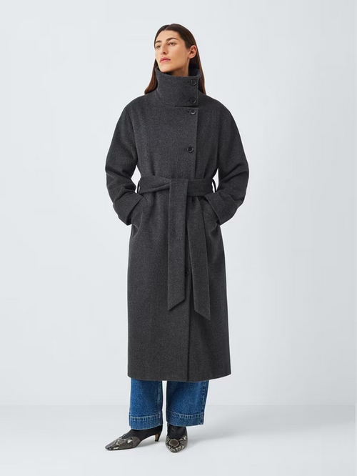 Fur collar belted long coat in Gray – ELEGENZE