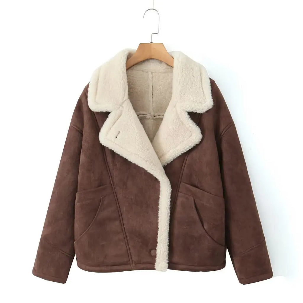 Model wearing oversized shearling longline coat in Dark Brown – ELEGENZE