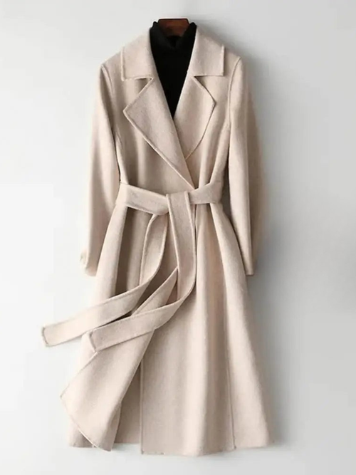 Lapel detail slim-fit mid-length coat in Cream – ELEGENZE