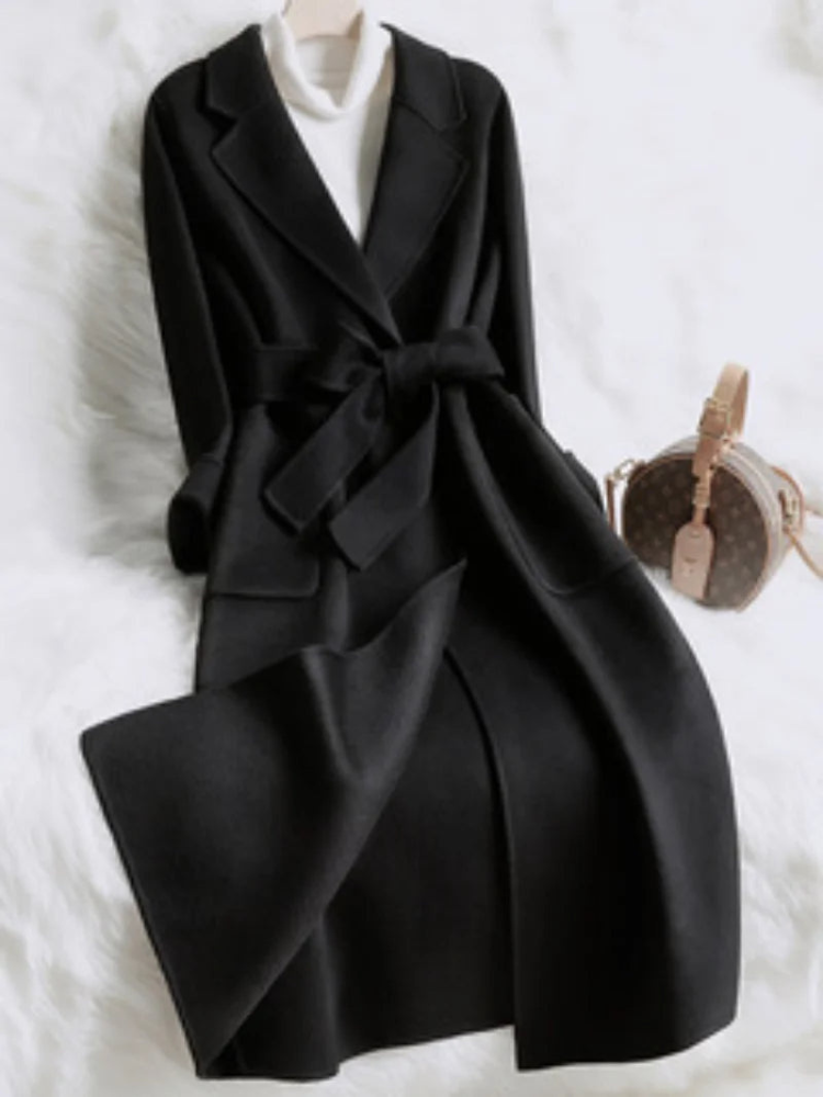 Women Coats Long Slim Fit Lace-Up Waist Lapel Collar – Caldo