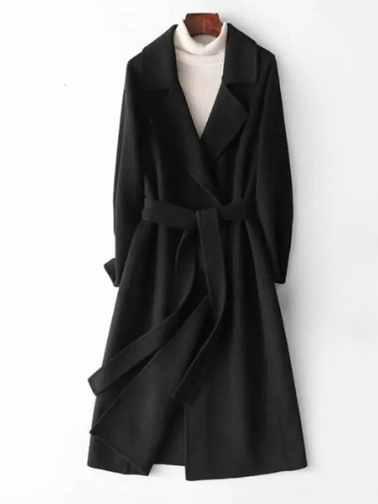 Women Coats Long Slim Fit Lace-Up Waist Lapel Collar – Caldo