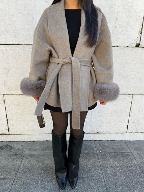 Faux fur cuff belted wrap coat in Taupe – ELEGENZE