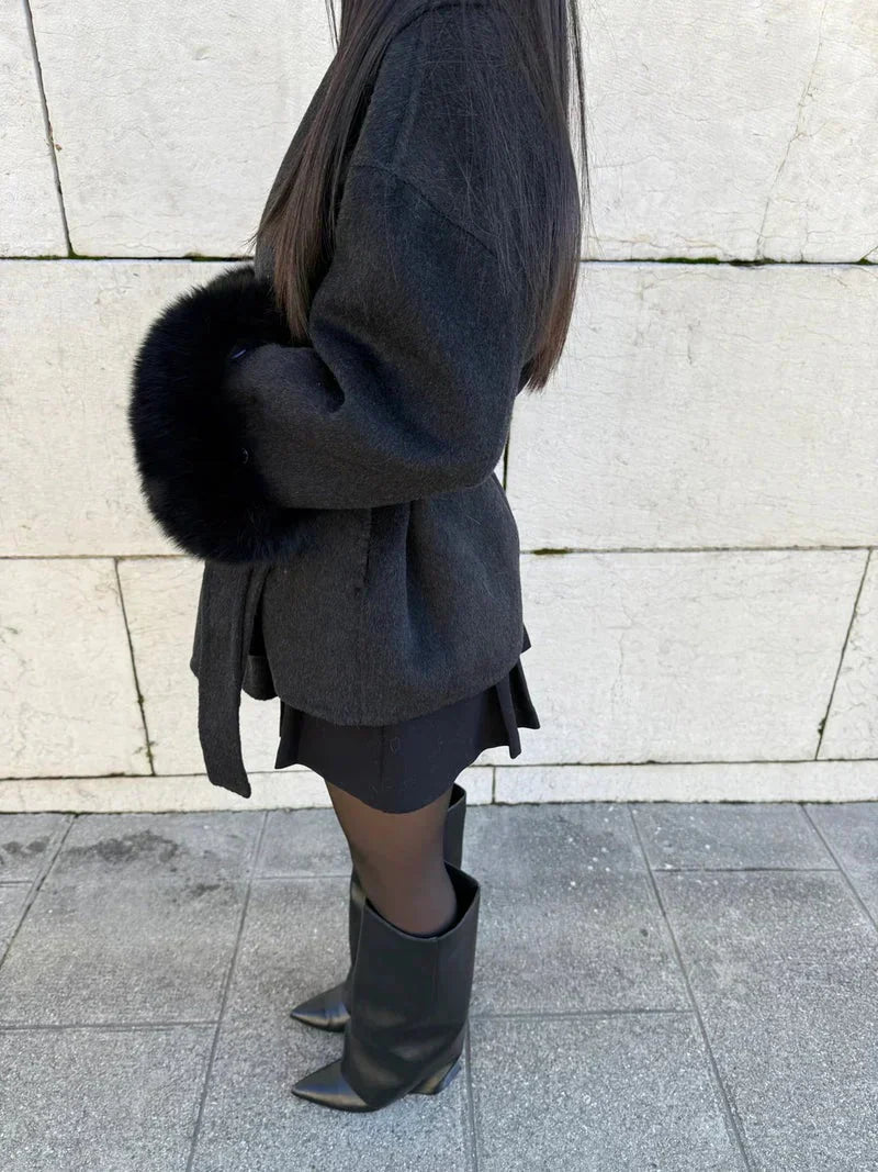 Women Coats Long Wool Blend Faux Fur Cuff Belted Wrap – Wava