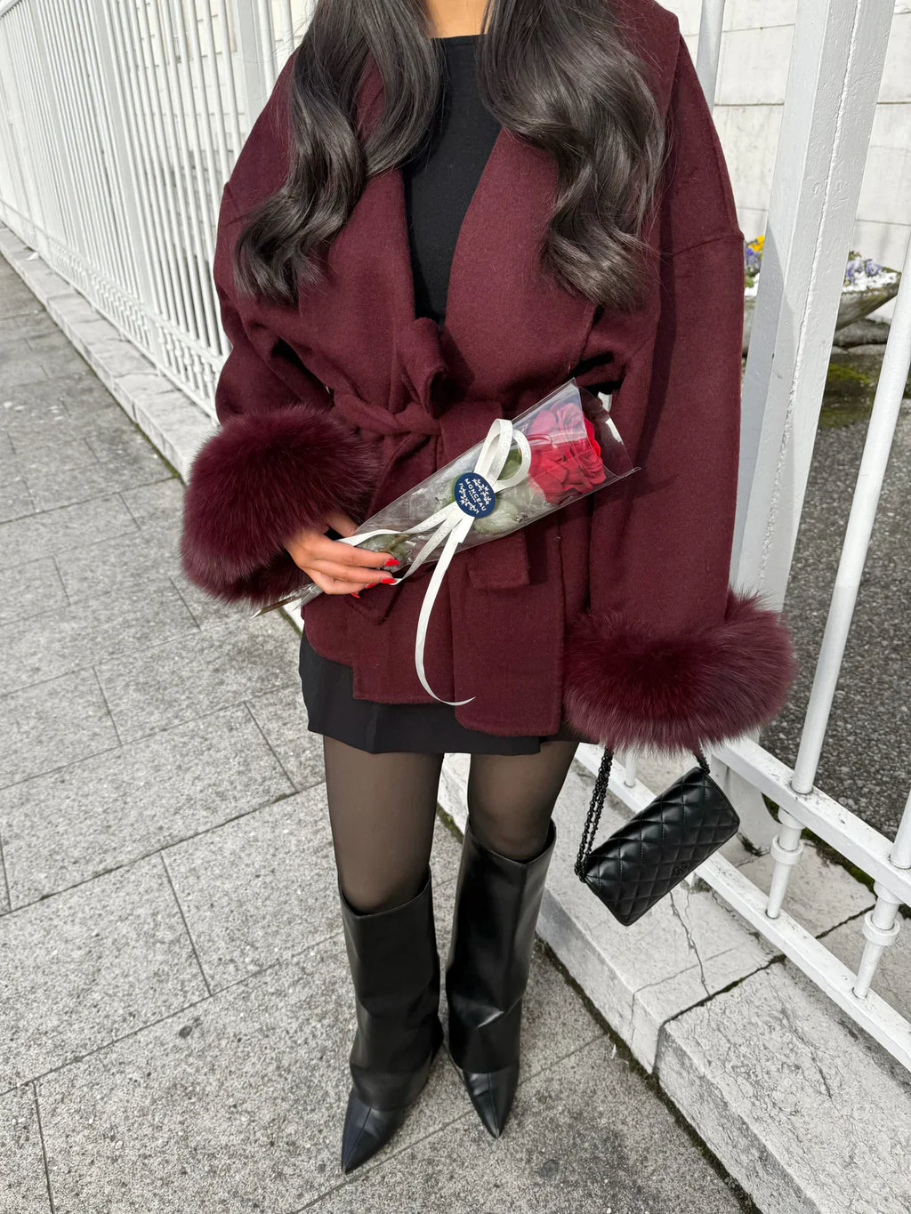 Women Coats Long Wool Blend Faux Fur Cuff Belted Wrap – Wava