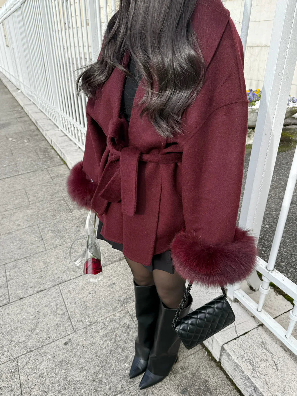 Women Coats Long Wool Blend Faux Fur Cuff Belted Wrap – Wava