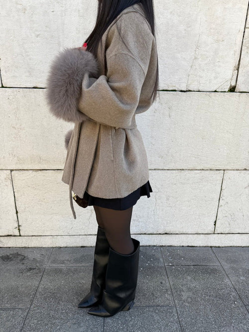 Model wearing longline wool blend wrap coat in Taupe – ELEGENZE