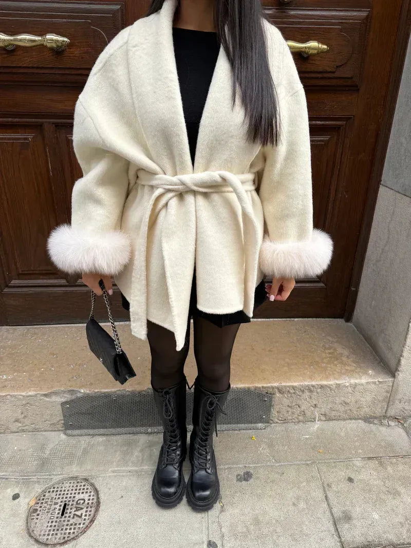 Women Coats Long Wool Blend Faux Fur Cuff Belted Wrap – Wava
