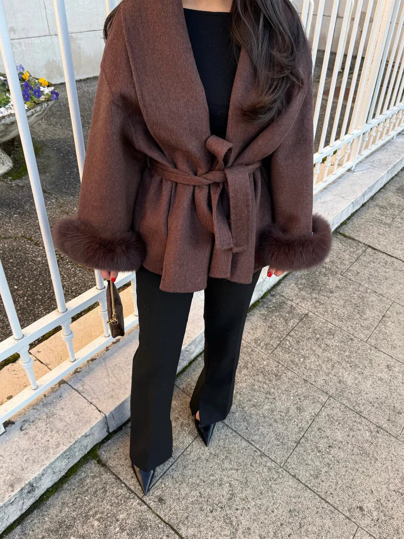 Women Coats Long Wool Blend Faux Fur Cuff Belted Wrap – Wava