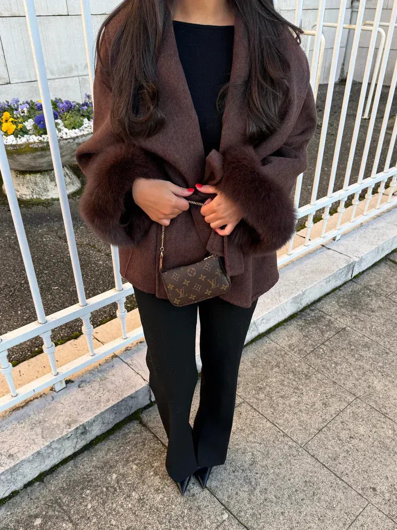 Women Coats Long Wool Blend Faux Fur Cuff Belted Wrap – Wava