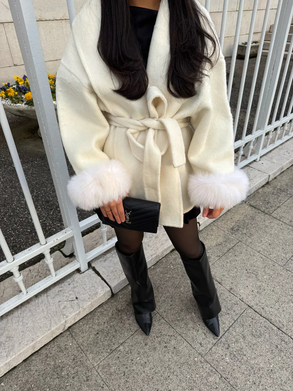 Women Coats Long Wool Blend Faux Fur Cuff Belted Wrap – Wava