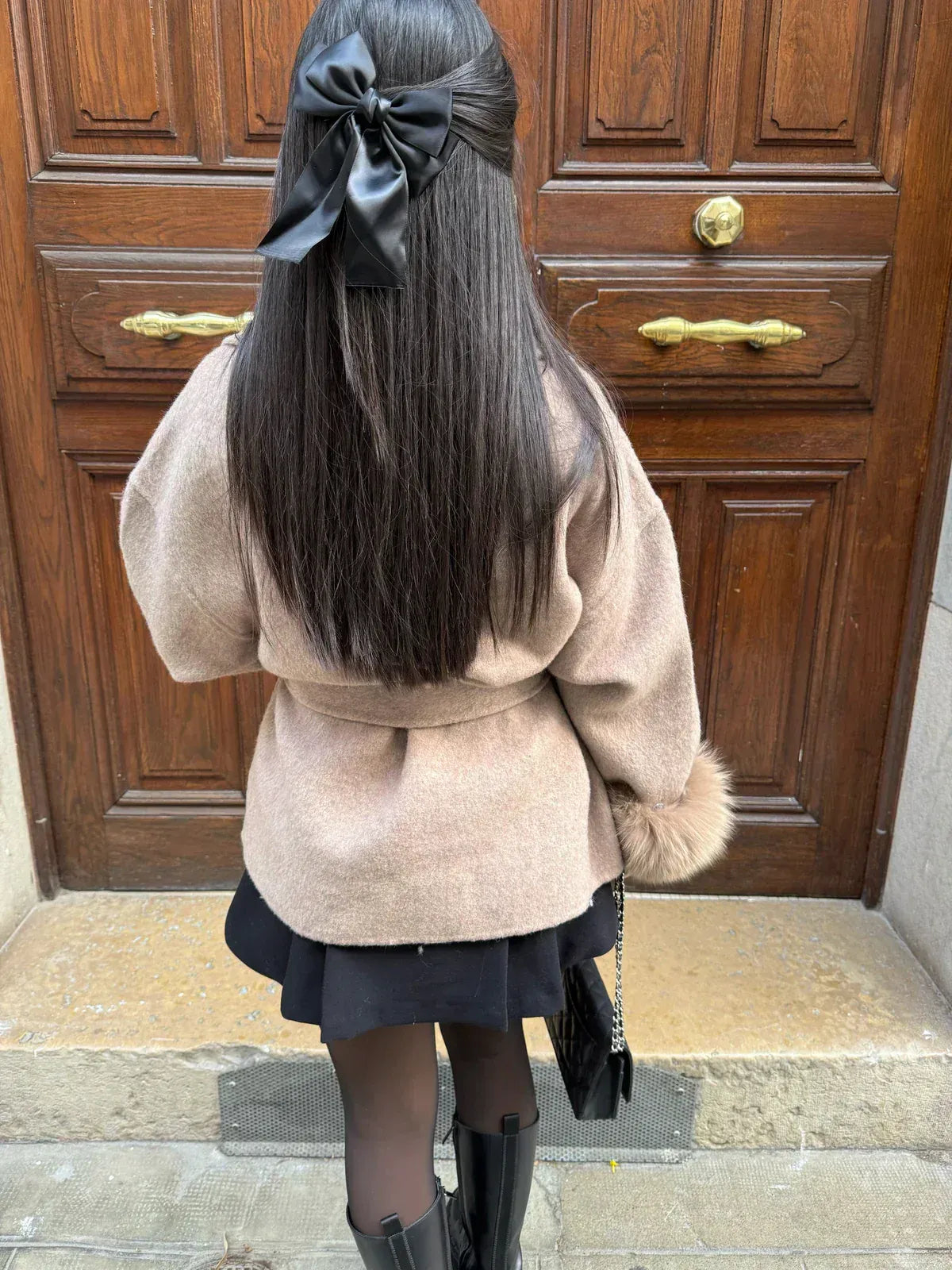 Women Coats Long Wool Blend Faux Fur Cuff Belted Wrap – Wava