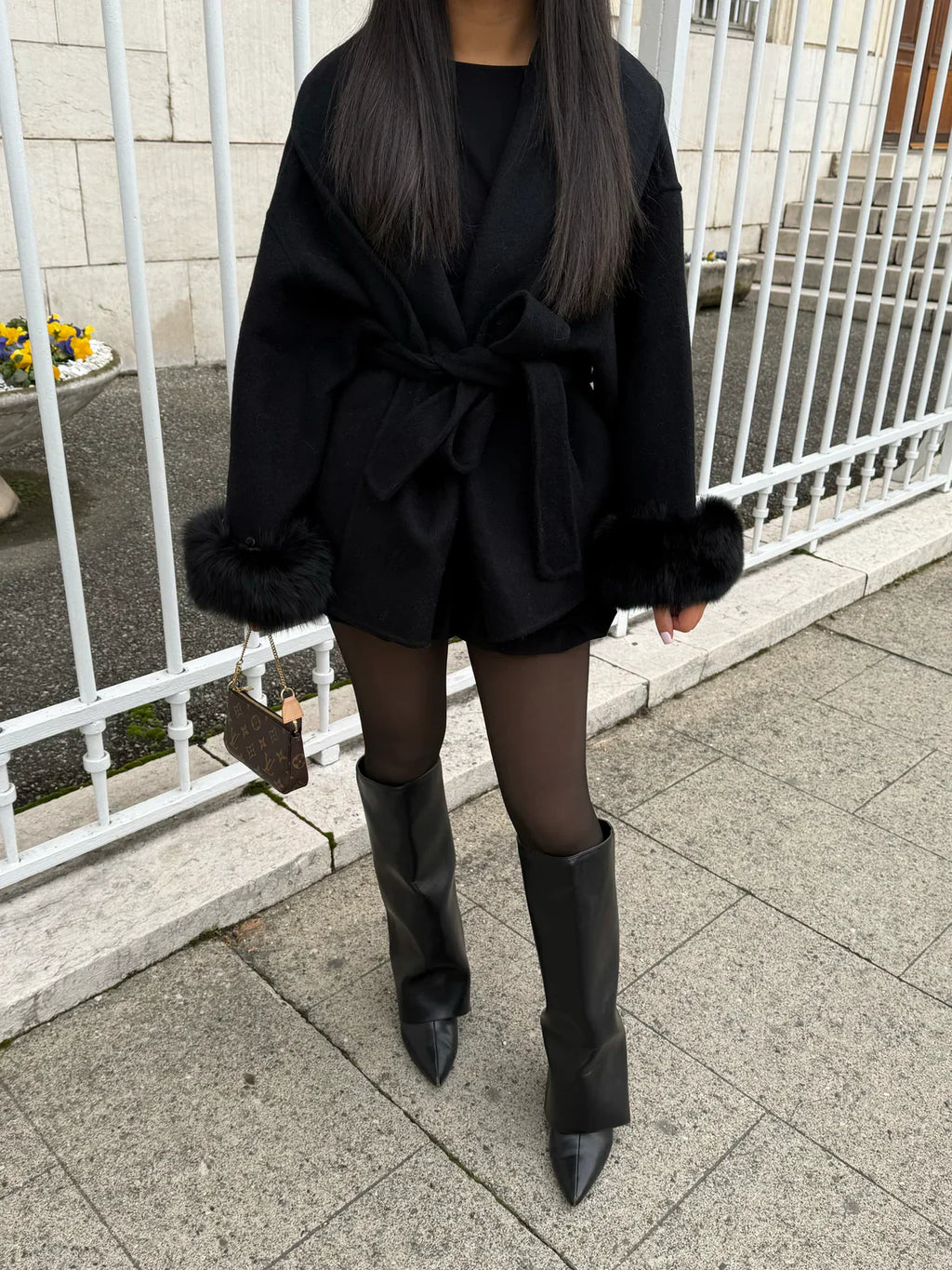 Women Coats Long Wool Blend Faux Fur Cuff Belted Wrap – Wava