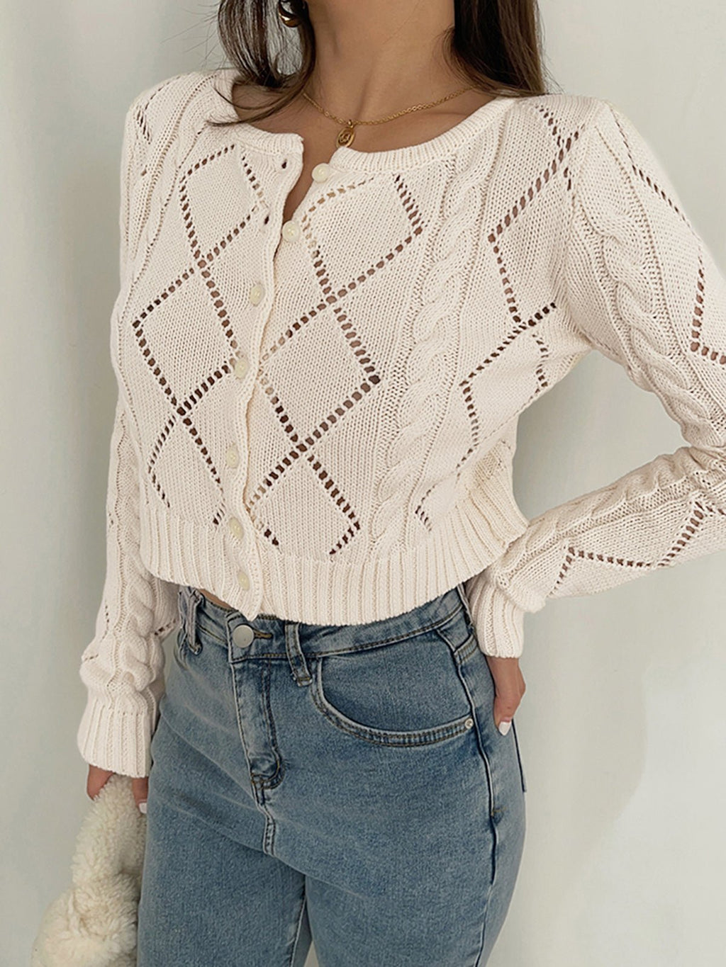Womens Button-Up Top Diamond Eyelet Open Weave Knit Relaxed Fit – Bex