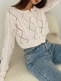 Womens Button-Up Top Diamond Eyelet Open Weave Knit Relaxed Fit – Bex