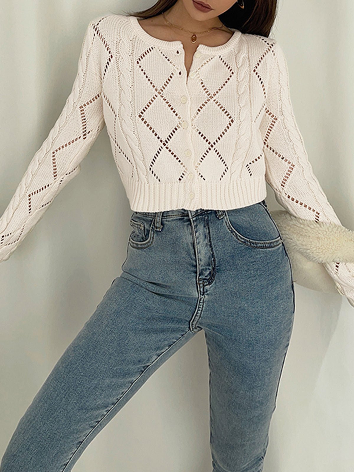 Womens Button-Up Top Diamond Eyelet Open Weave Knit Relaxed Fit – Bex
