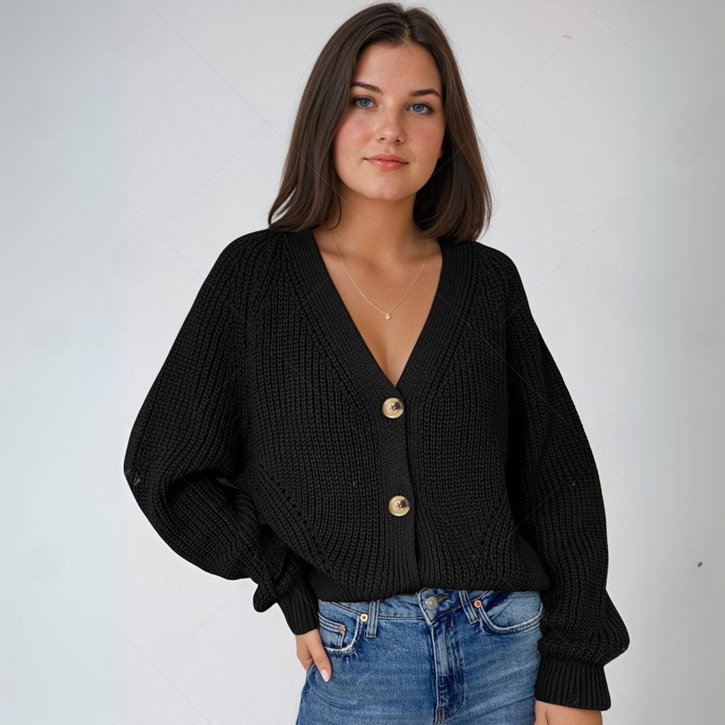 Chunky knit V-neck balloon sleeve cardigan in Black – ELEGENZE