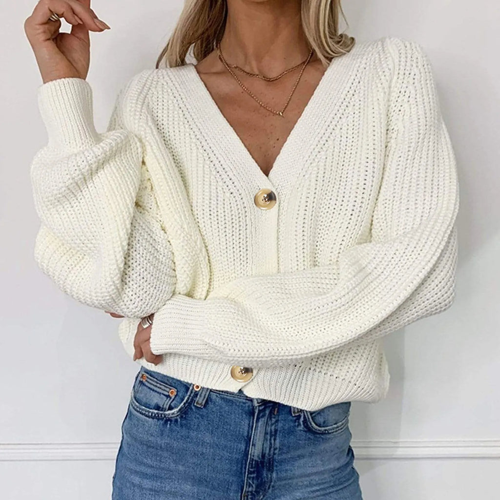 Model wearing chunky knit balloon sleeve cardigan in Black – ELEGENZE