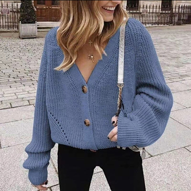 Womens Cardigan Chunky Knit V-Neck Balloon Sleeve – Dova